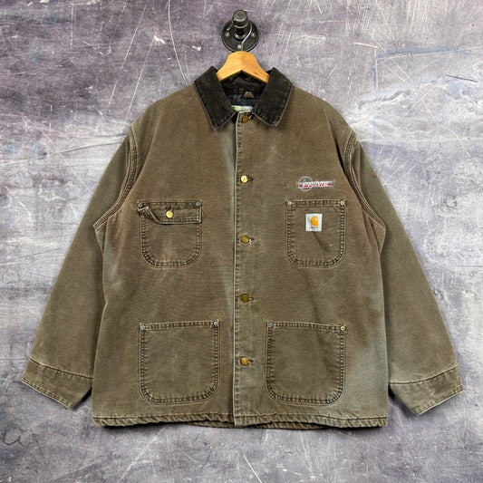 90s Mocha Brown Carhartt Blanket Lined Chore Coat Barn Jacket CO2 CHT L 0304