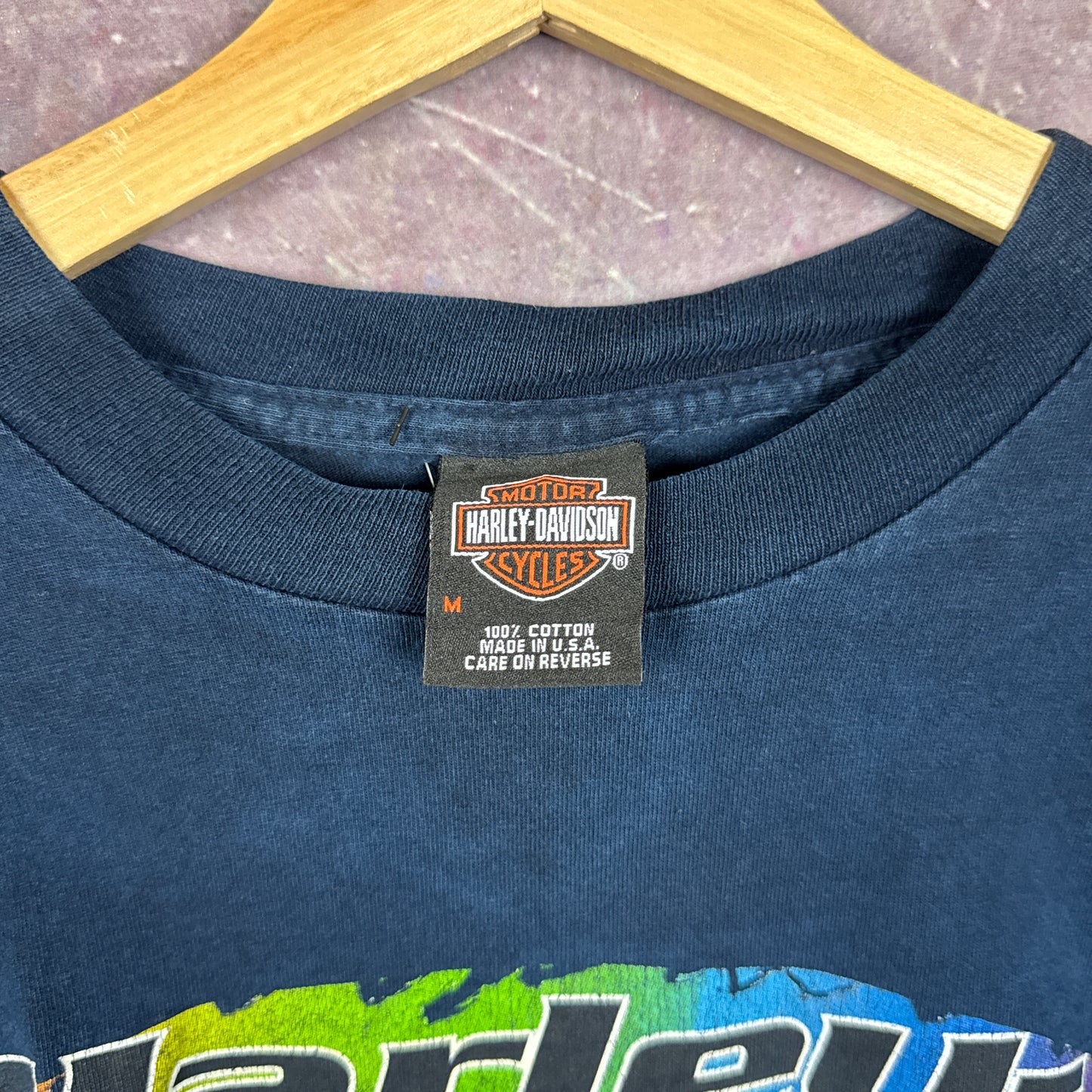 90s Navy Blue Harley Davidson Tie-Dye Sleeve Shirt 3052