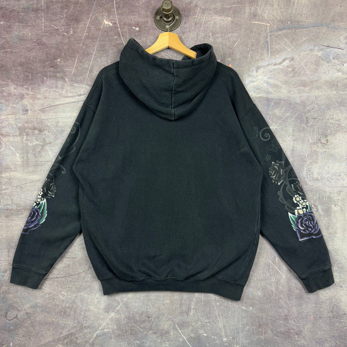 Early 00s Faded Black Flower Two Wheeled Passion Graphic Zip Up Hoodie L 1228