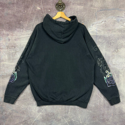 Early 00s Faded Black Flower Two Wheeled Passion Graphic Zip Up Hoodie L 1228