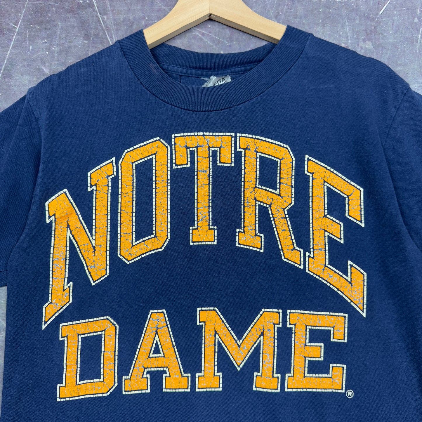 90s Faded Navy Blue Notre Dame Spellout Graphic Shirt S 1284