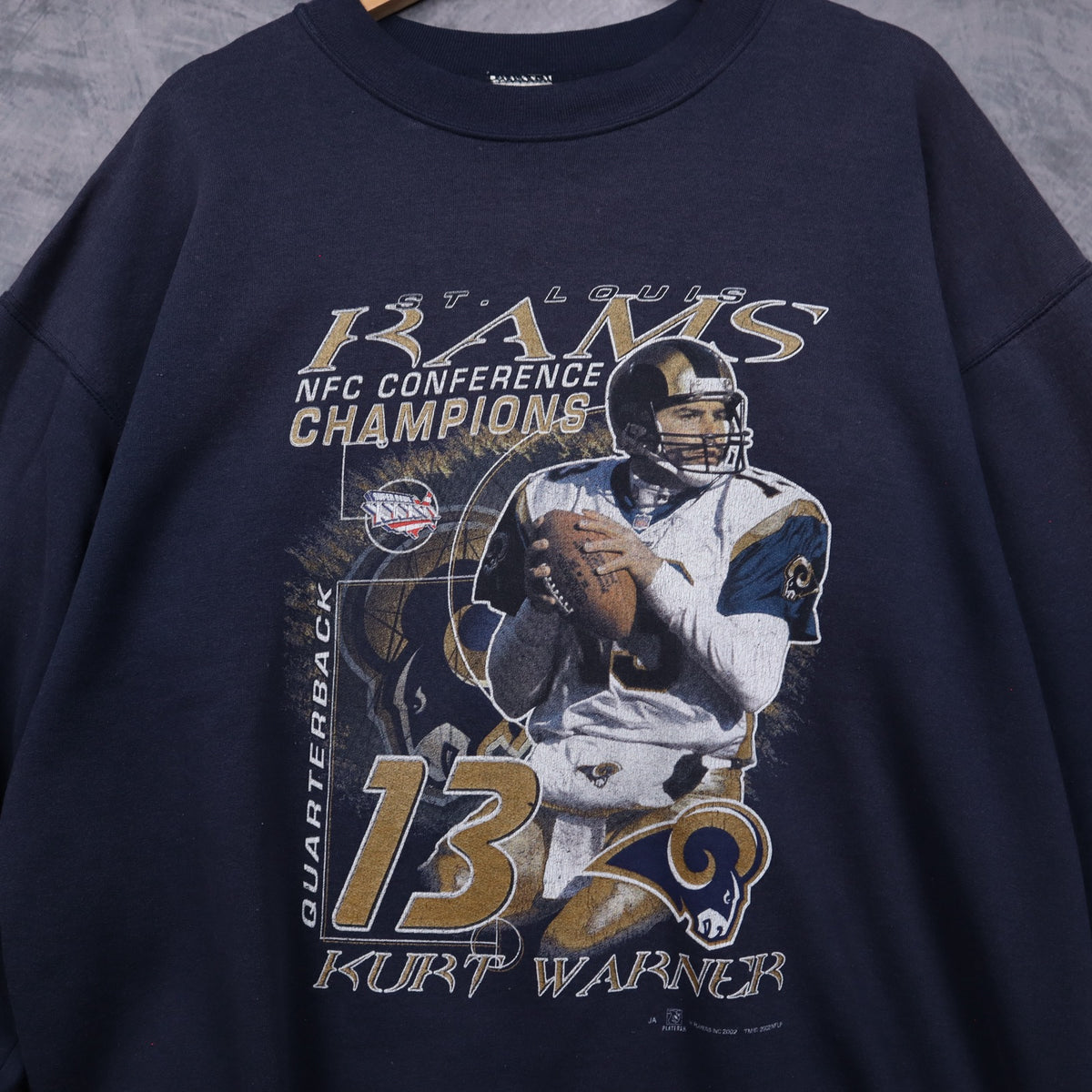 2002 Navy Blue St. Louis Rams Kurt Warner NFC Champions Crewneck Sweatshirt 6482