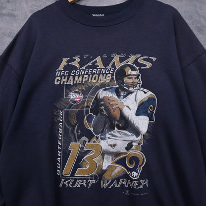 2002 Navy Blue St. Louis Rams Kurt Warner NFC Champions Crewneck Sweatshirt 6482