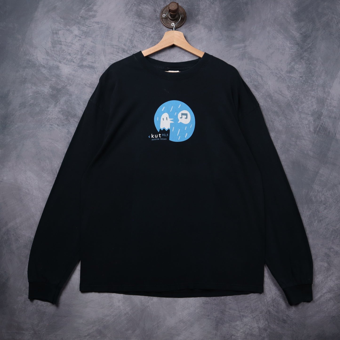 Early 00s Black KUT 90.5 Austin Texas Ghost Long Sleeve Shirt 5381