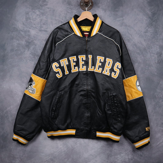 00s Black Pittsburgh Steelers Leather Bomber Jacket 6496