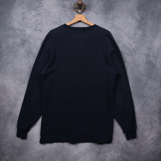 90s Navy Blue Nautica Waffle Knit Henley Long Sleeve 5552