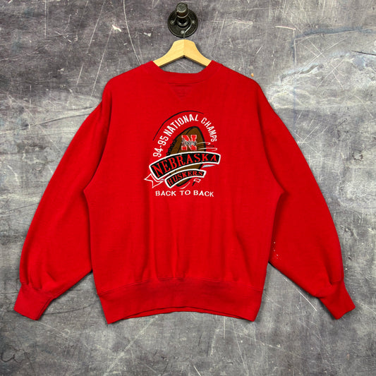 1994-95 Red Nebraska Huskers 'Back TO Back NCAA Football Champions Crewneck Sweatshirt M 0066