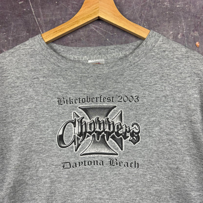 Early 00s Light Gray West Coast Choppers Style Biketoberfest Daytona Flame Sleeve Graphic Shirt XL 1037