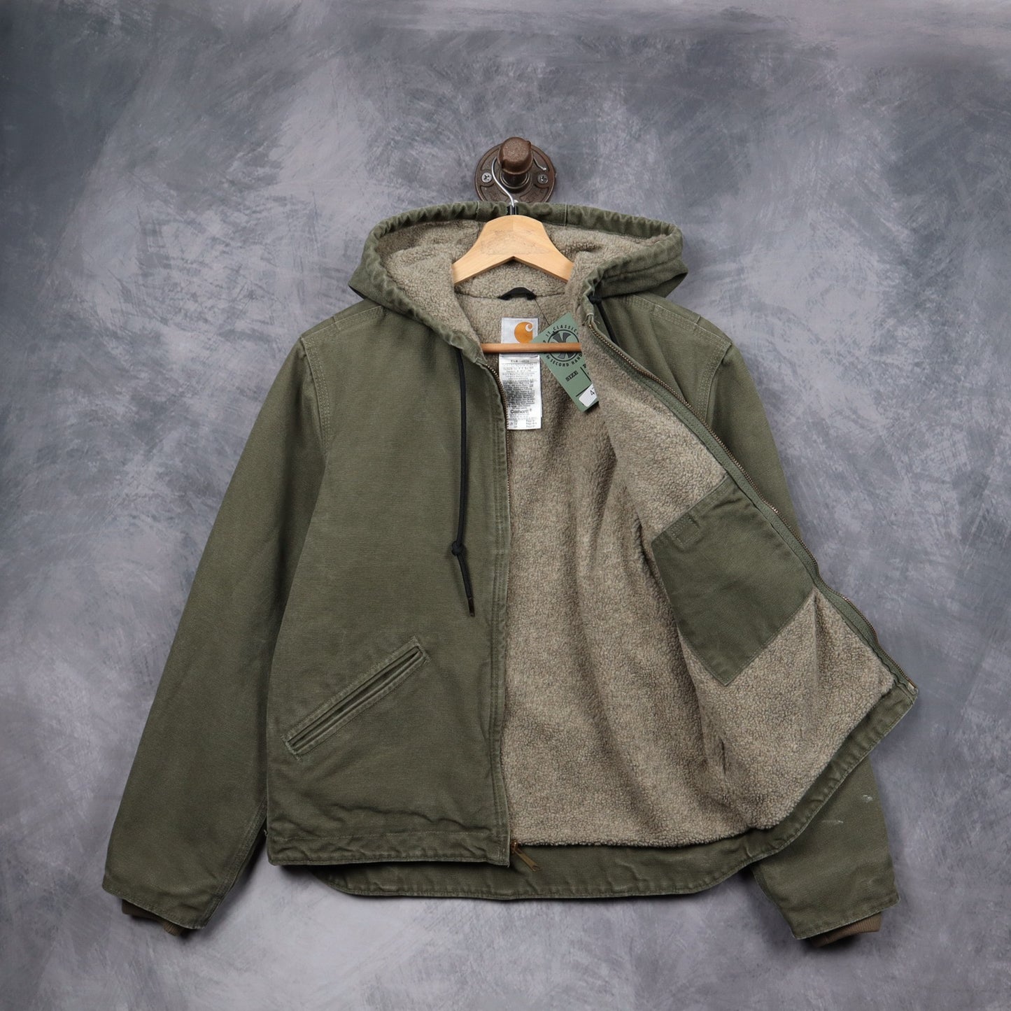 00s Olive Green Carhartt Sherpa Lined Hooded Work Jacket 4796
