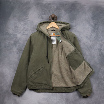 00s Olive Green Carhartt Sherpa Lined Hooded Work Jacket 4796