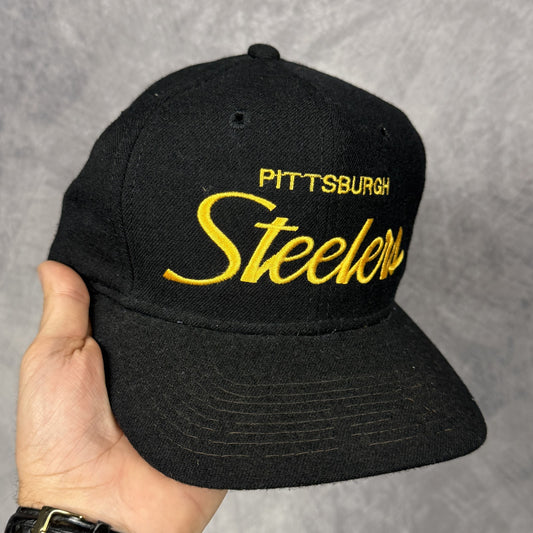 90s Black Pittsburgh Steelers Sports Specialties Single Line Script Snapback Hat 6876
