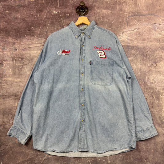 90s Light Wash Dale Earnhardt Jr Budwieser Denim Button Up Shirt L 0547