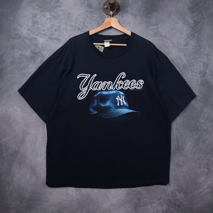 00s Navy Blue New York Yankees Cap Graphic Shirt 5411