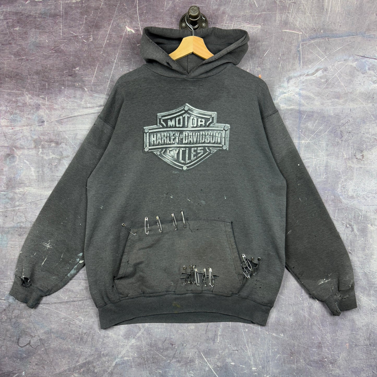 90s Faded Black Thrashed Outer Banks North Carolina Harley Davidson Motorcycle Graphic Hoodie L 1277