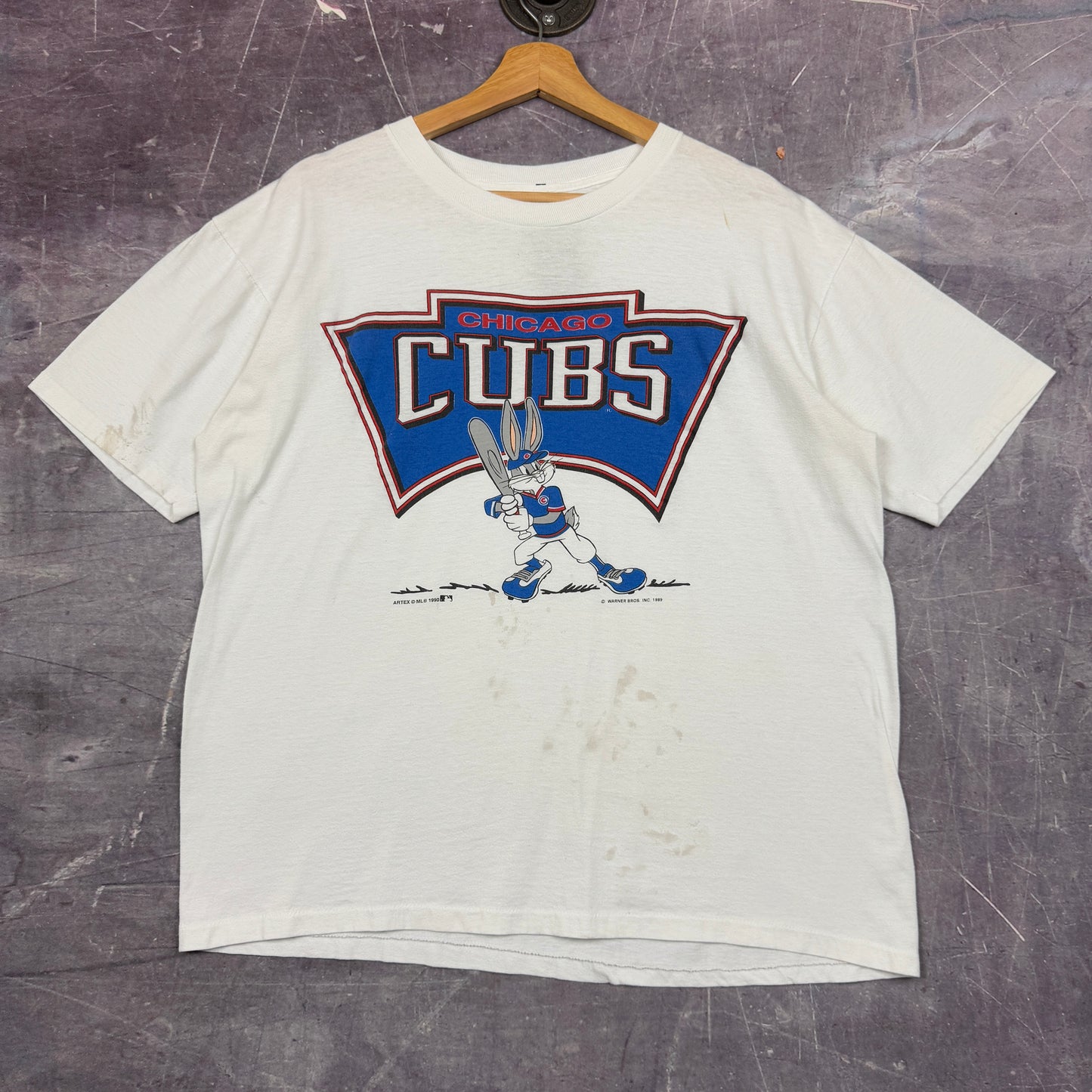 1989 White Bugs Bunny Chicago Cubs Baseball Graphic Shirt L 1067