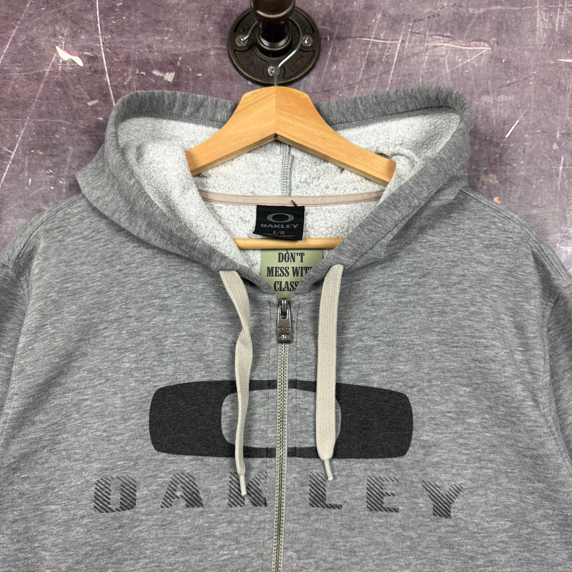 Early 00s Heather Grey Oakley Spellout Logo Graphic Zip Up Hoodie L 1942