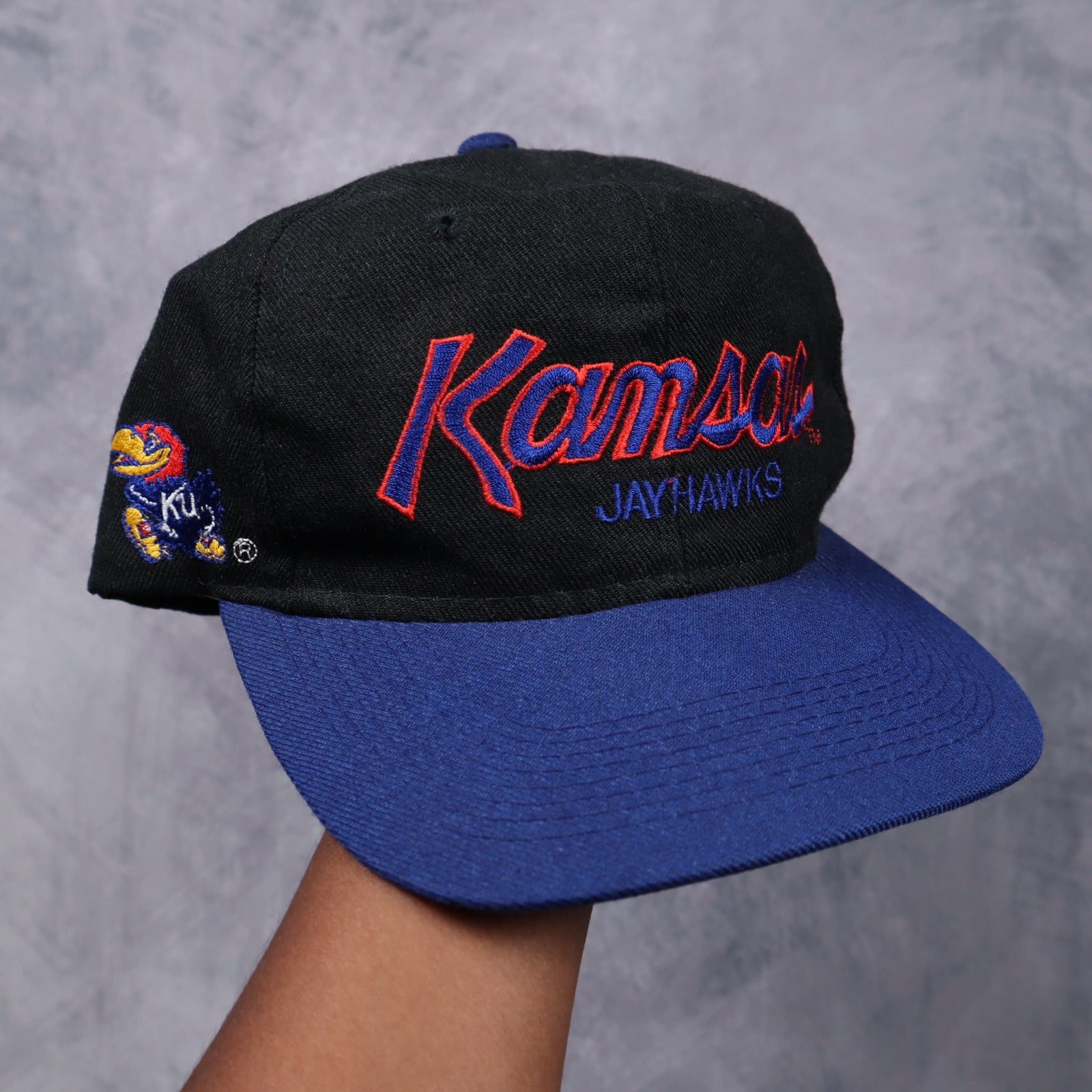90s Black Kansas Jayhawks Sports Specialties Script Snapback Hat 5615