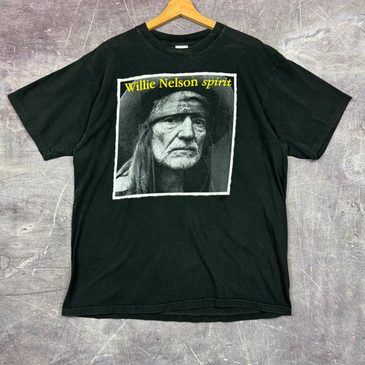 Early 00s Black Willie Nelson Spirit Whiskey River Graphic Shirt L 0833