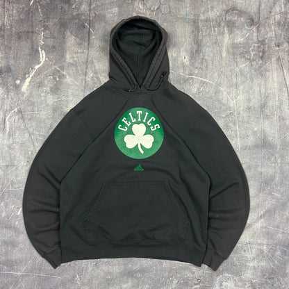 00s Faded Black Adidas Center Logo Boston Celtics Graphic Hoodie L AO10