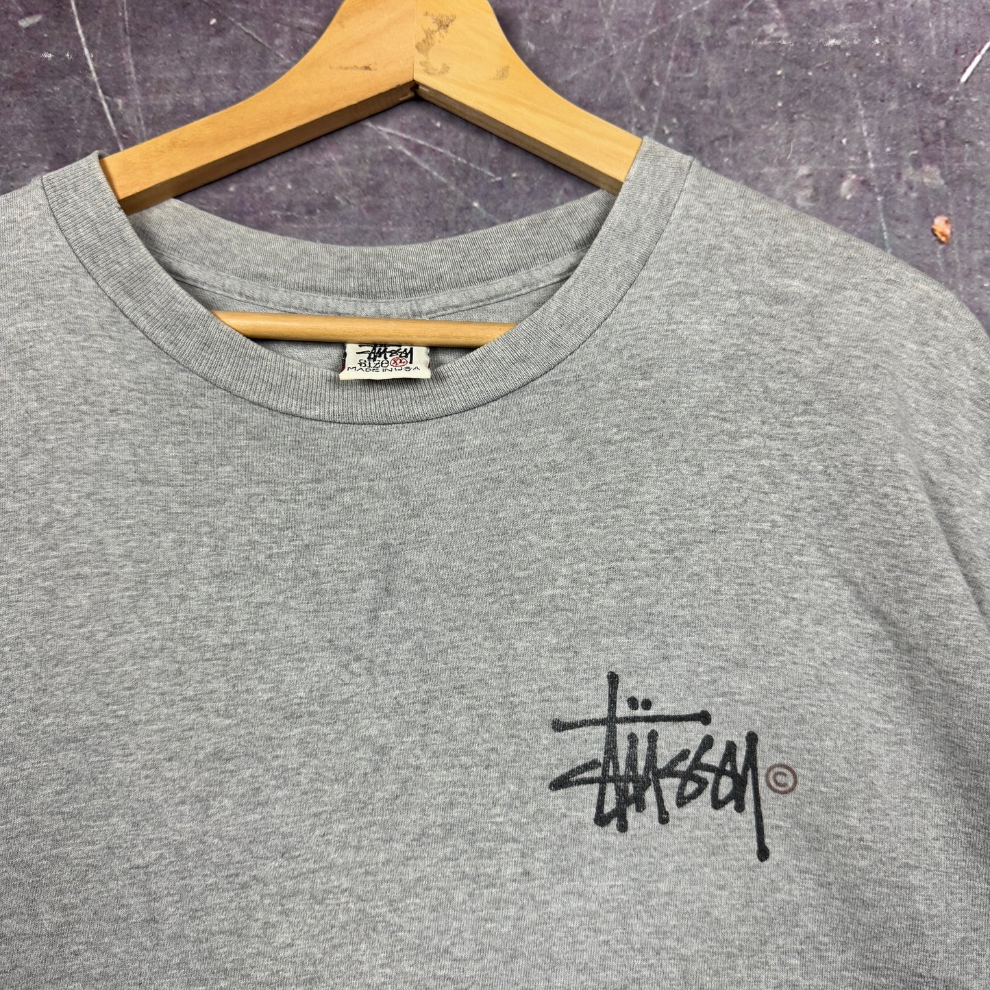 90s Light Gray Stussy Essential Logo Graphic Shirt XL 1167