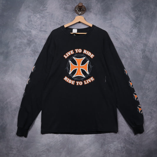 Early 2000s Black Live To Ride Iron Cross Long Sleeve Shirt 4991