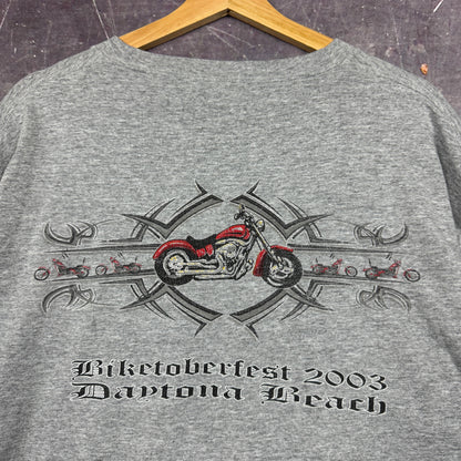 Early 00s Light Gray West Coast Choppers Style Biketoberfest Daytona Flame Sleeve Graphic Shirt XL 1037