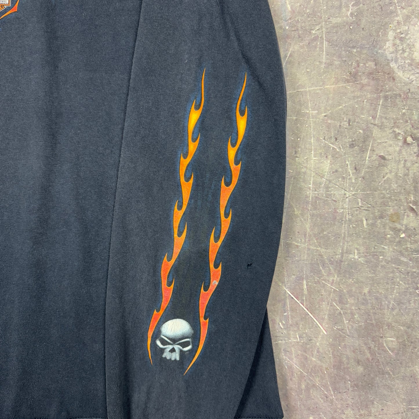 Early 00s Navy Blue Harley Davidson Live To Ride Ride To Live Skull Flame Sleeve Graphic Shirt XL 1162