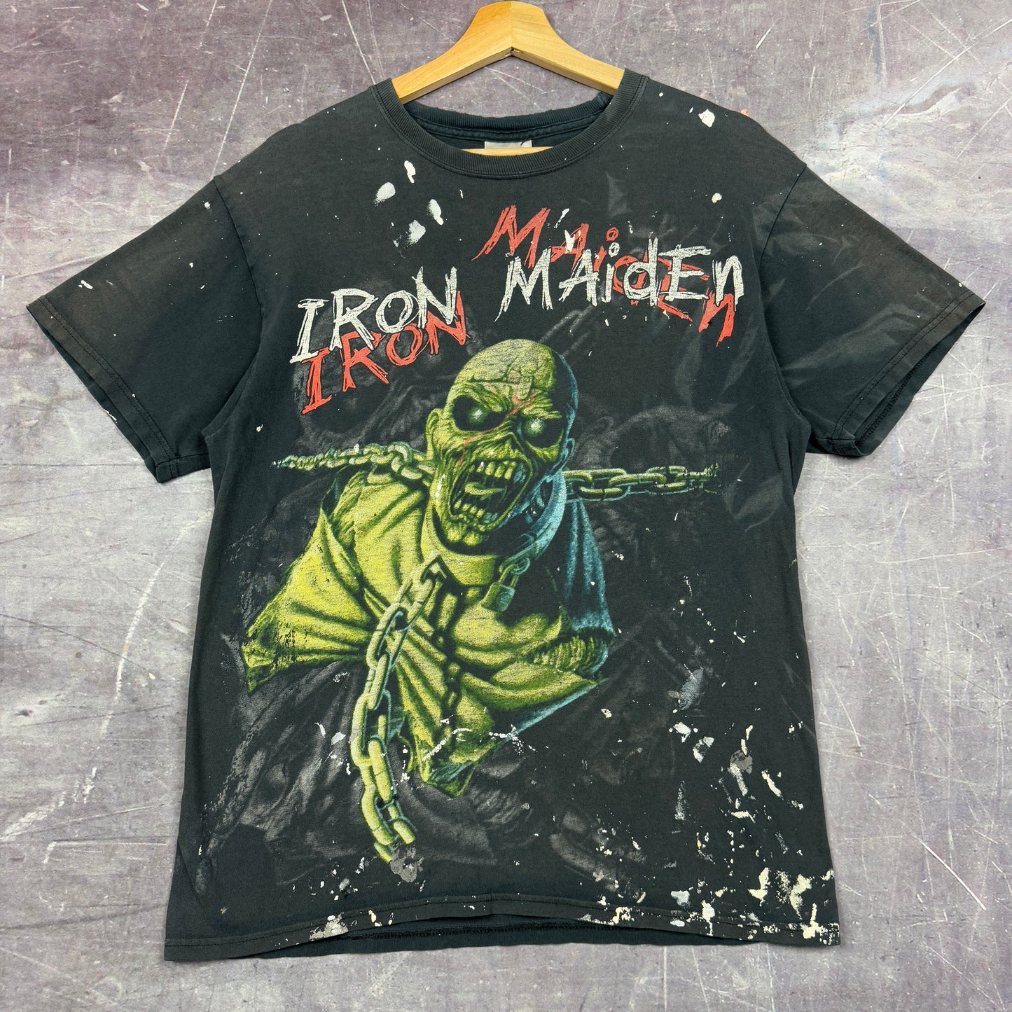 Early 00s Black Iron Maiden Painter  Piece Of Mind Zombie All Over Print Graphic Shirt M 1153