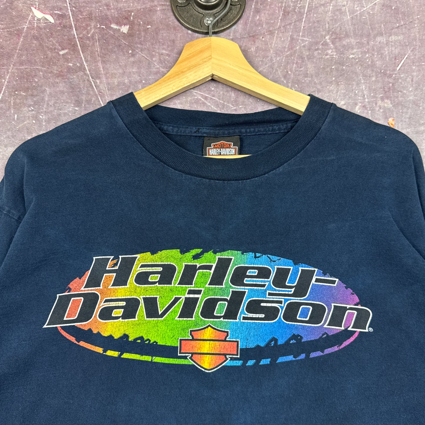 90s Navy Blue Harley Davidson Tie-Dye Sleeve Shirt 3052