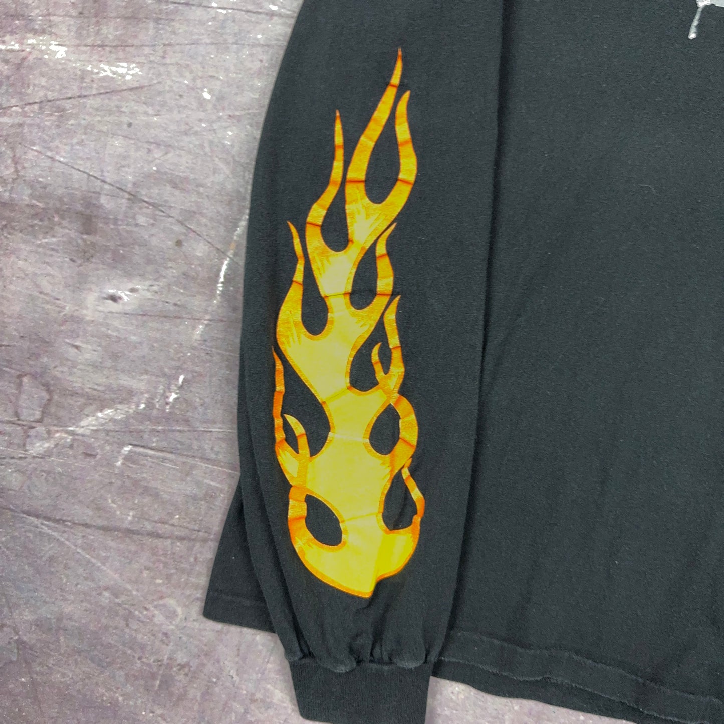 90s Black Motley Crue Flame Sleeve Spellout Graphic Shirt L 2895