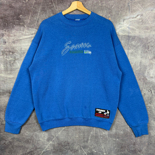 90s Blue Seattle Seahwaks Football Graphic Crewneck Sweatshirt M 1227