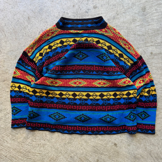 90s Multicolor Blue Red Abstract Pattern Knit Sweater L 0606