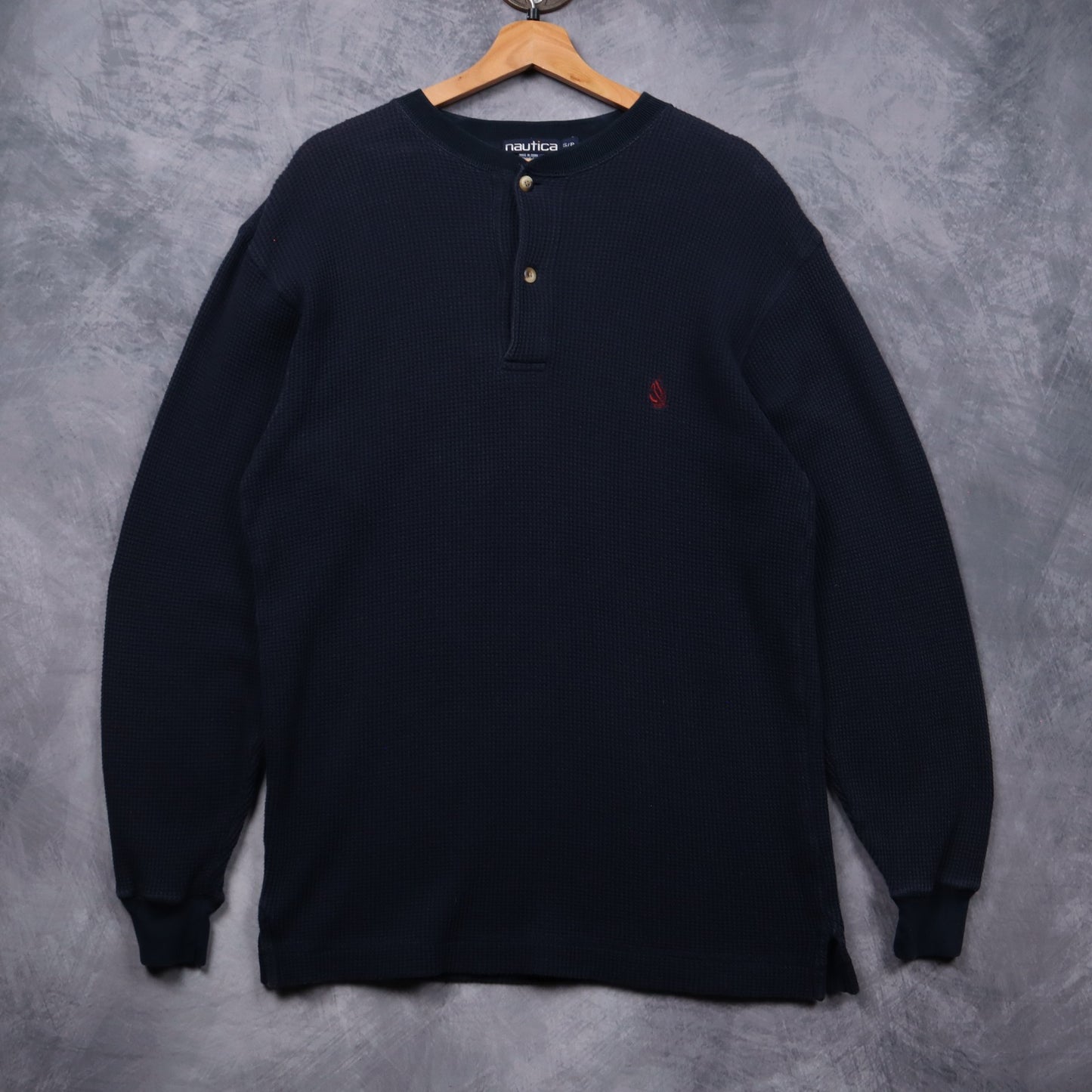 90s Navy Blue Nautica Waffle Knit Henley Long Sleeve 5552