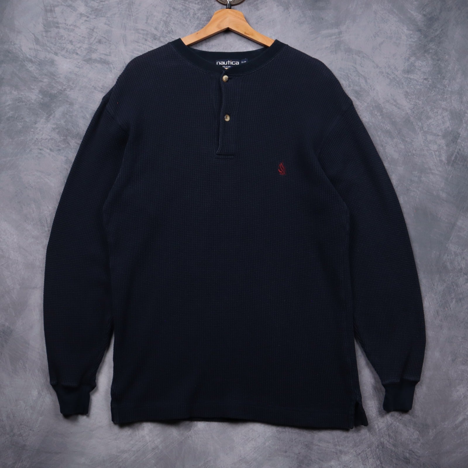 90s Navy Blue Nautica Waffle Knit Henley Long Sleeve 5552