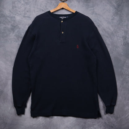 90s Navy Blue Nautica Waffle Knit Henley Long Sleeve 5552