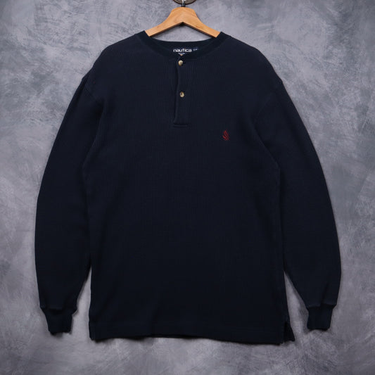 90s Navy Blue Nautica Waffle Knit Henley Long Sleeve 5552