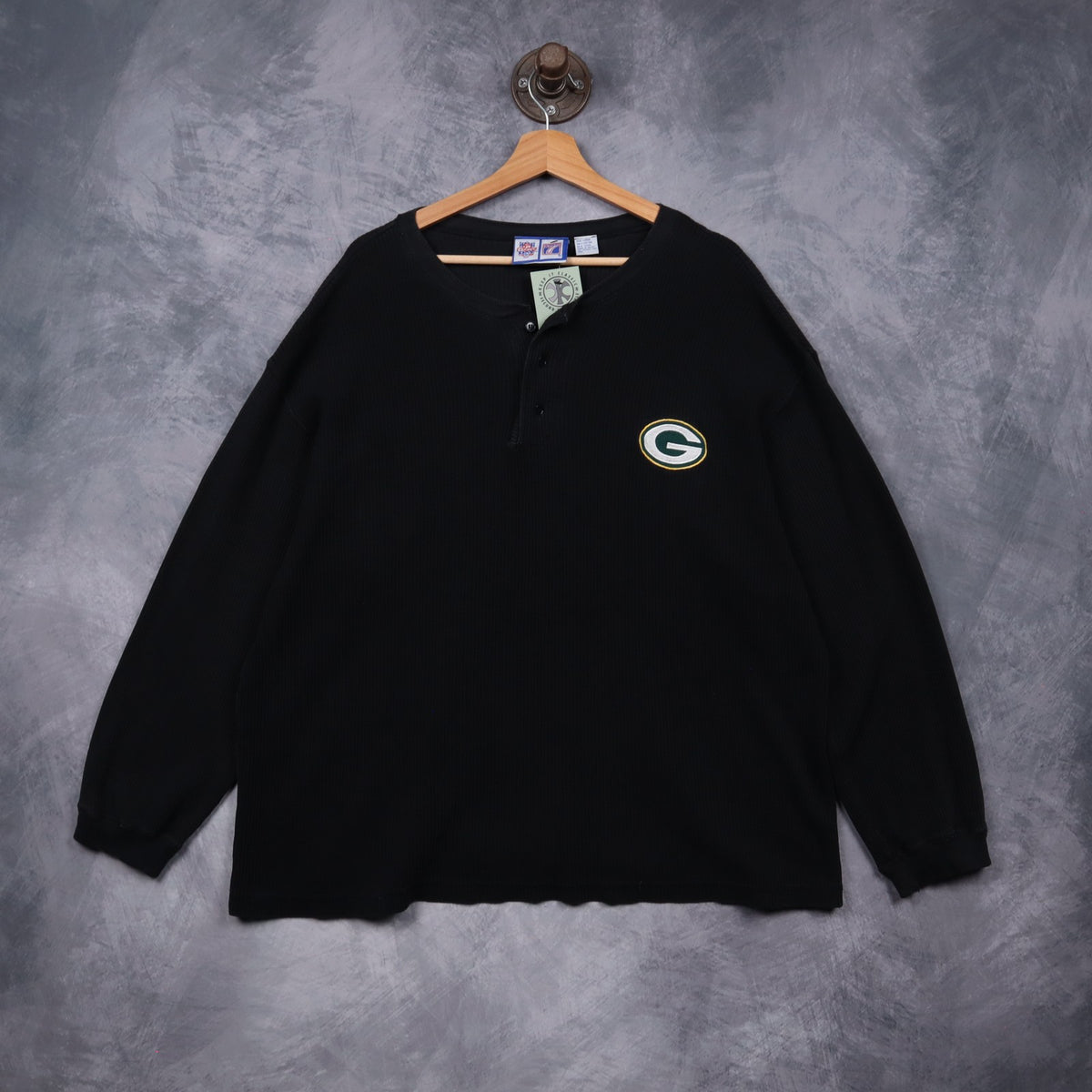 90s Black Green Bay Packers Henley Long Sleeve 6785
