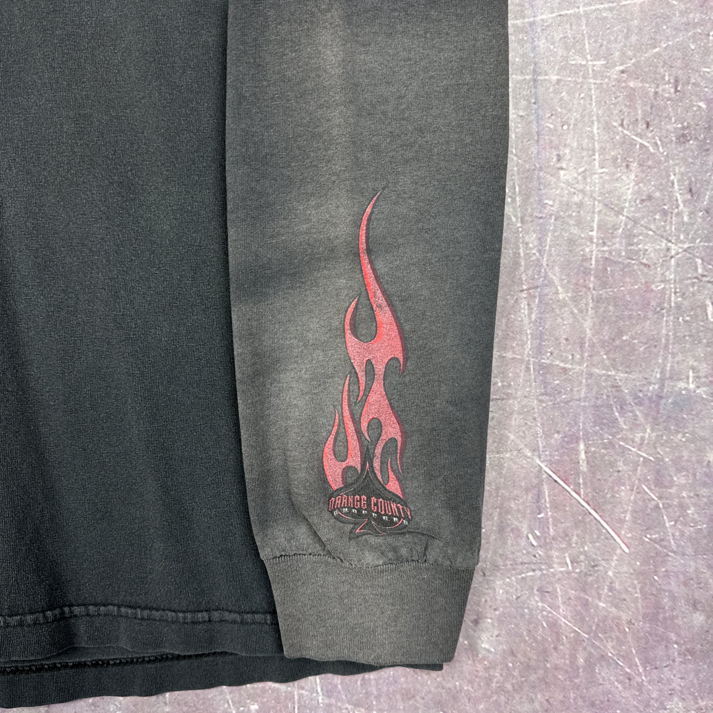 00s Faded Black Orange County Choppers Flame Sleeve Shirt 3048