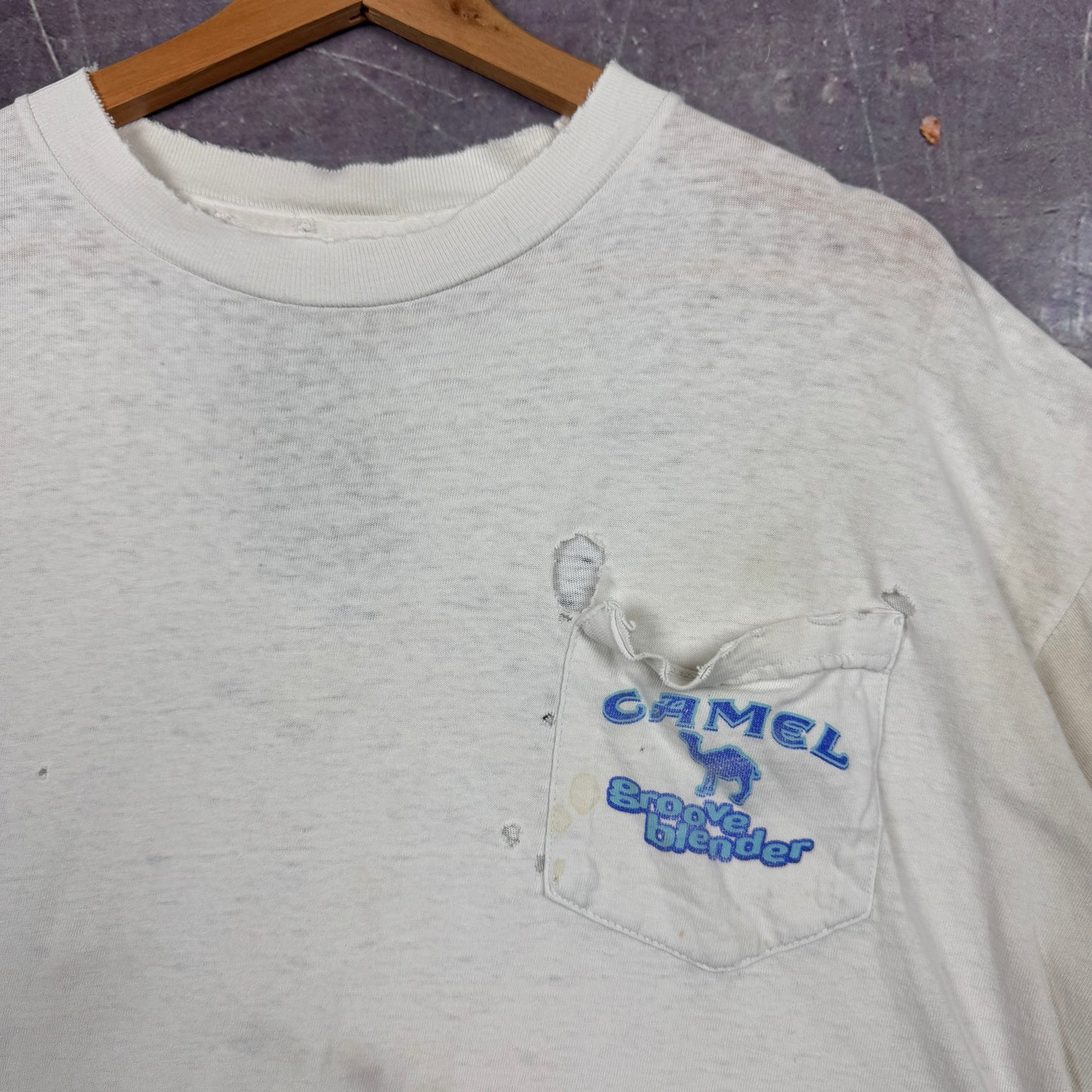 90s White Thrashed Camel Cigarettes Groove Blender Graphic Pocket Shirt XL 1032