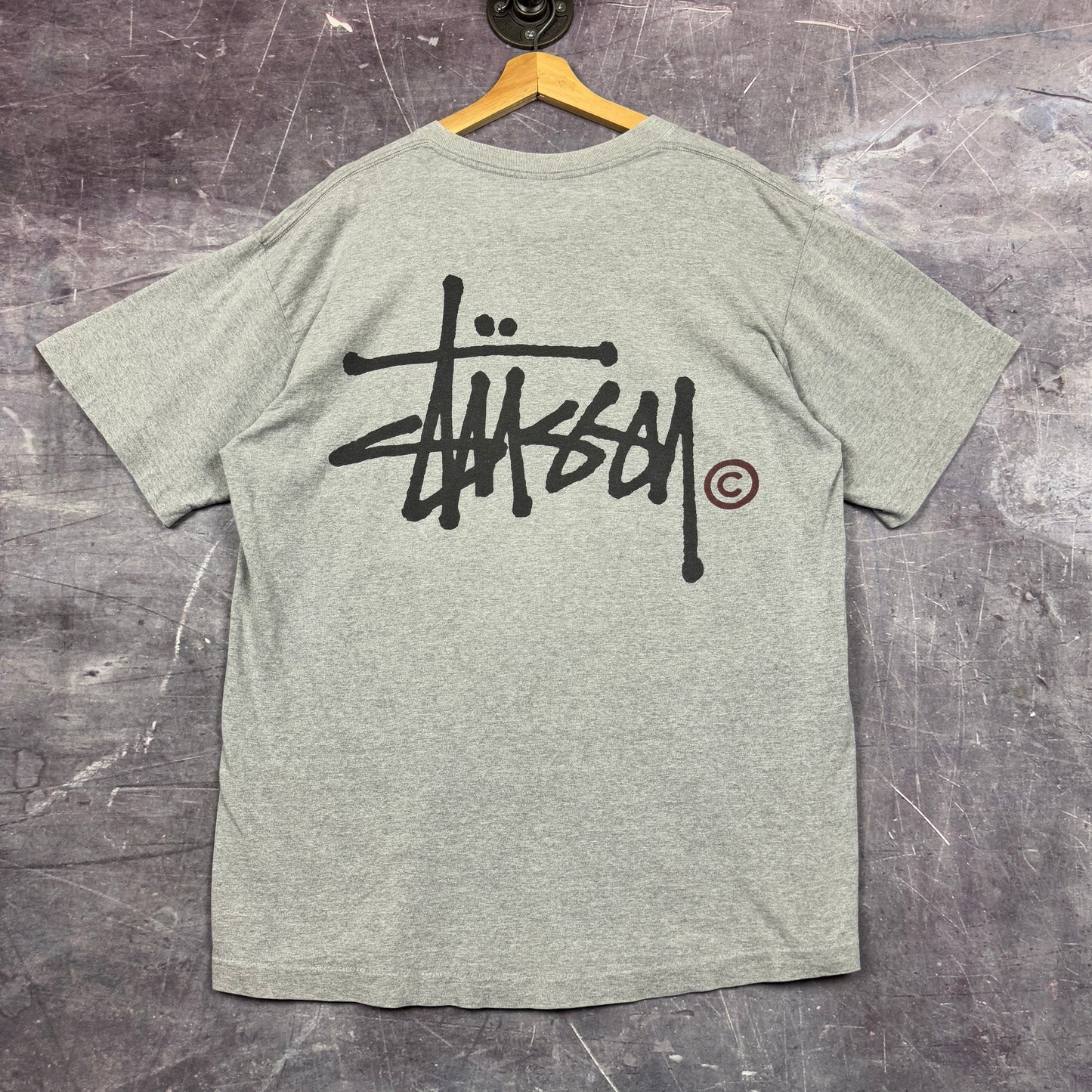 90s Light Gray Stussy Essential Logo Graphic Shirt XL 1167