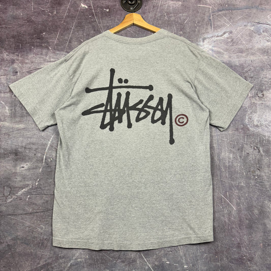 90s Light Gray Stussy Essential Logo Graphic Shirt XL 1167