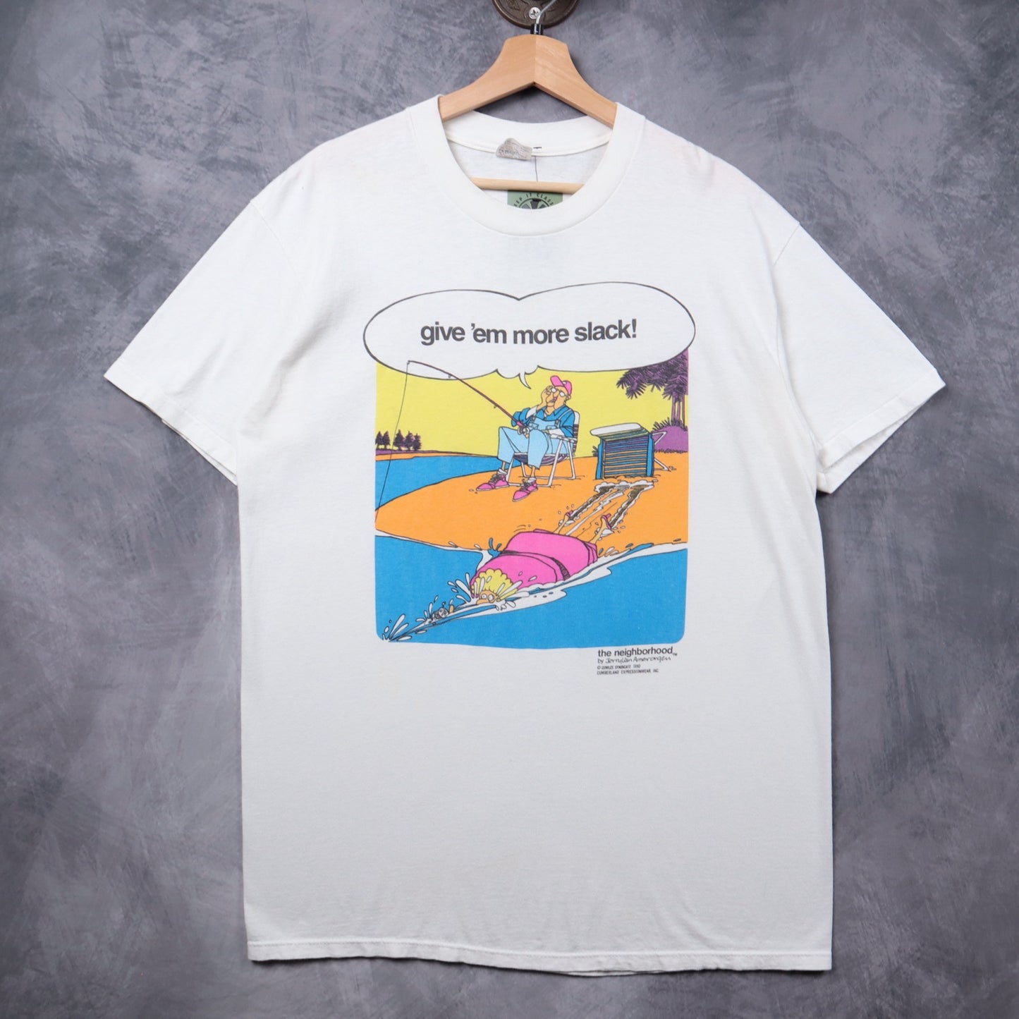 1990 White The Neighborhood 'Give 'Em More Slack' Comic Shirt 5464