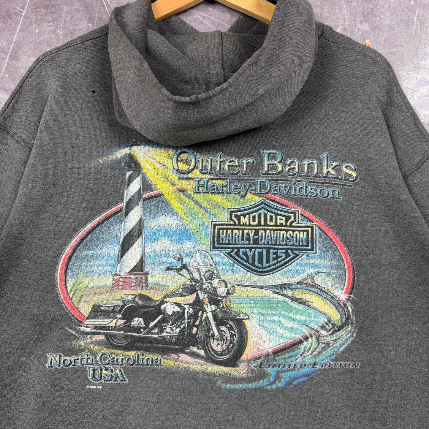 90s Faded Black Thrashed Outer Banks North Carolina Harley Davidson Motorcycle Graphic Hoodie L 1277