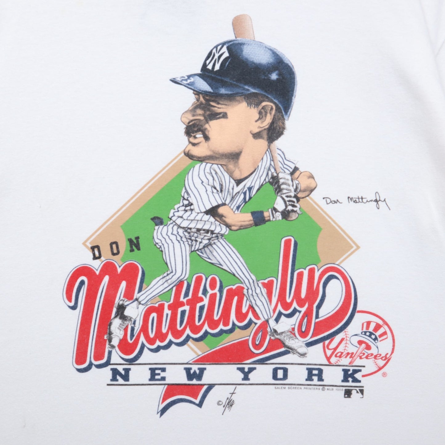 1988 White Don Mattingly Yankees Caricature Shirt 5596