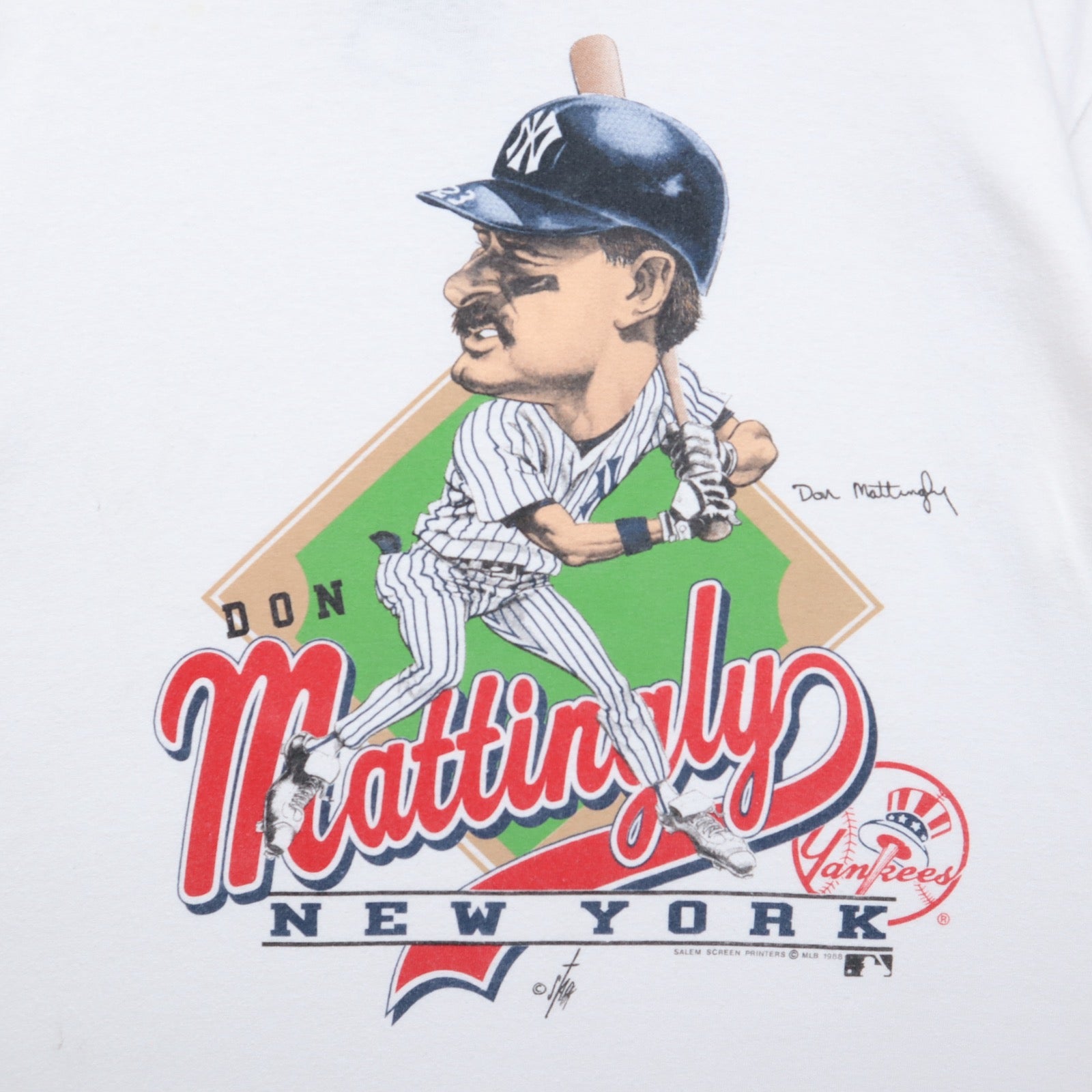 1988 White Don Mattingly Yankees Caricature Shirt 5596