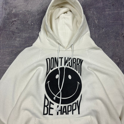 80s White "Don't Worry Be Happy" Smiley Face Graphic Hoodie L AB53