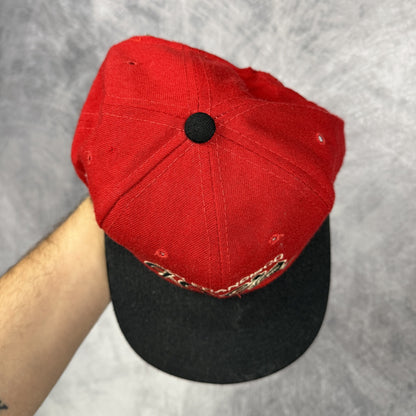 90s Red San Francisco 49ers Sports Specialties Wool Double Line Script Snapback Hat 6800