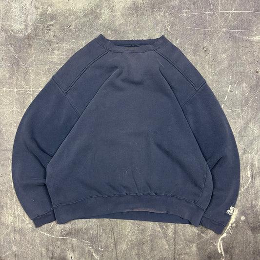 90s Faded Navy Blue Starter Blank Essential Crewneck Sweatshirt L AF01