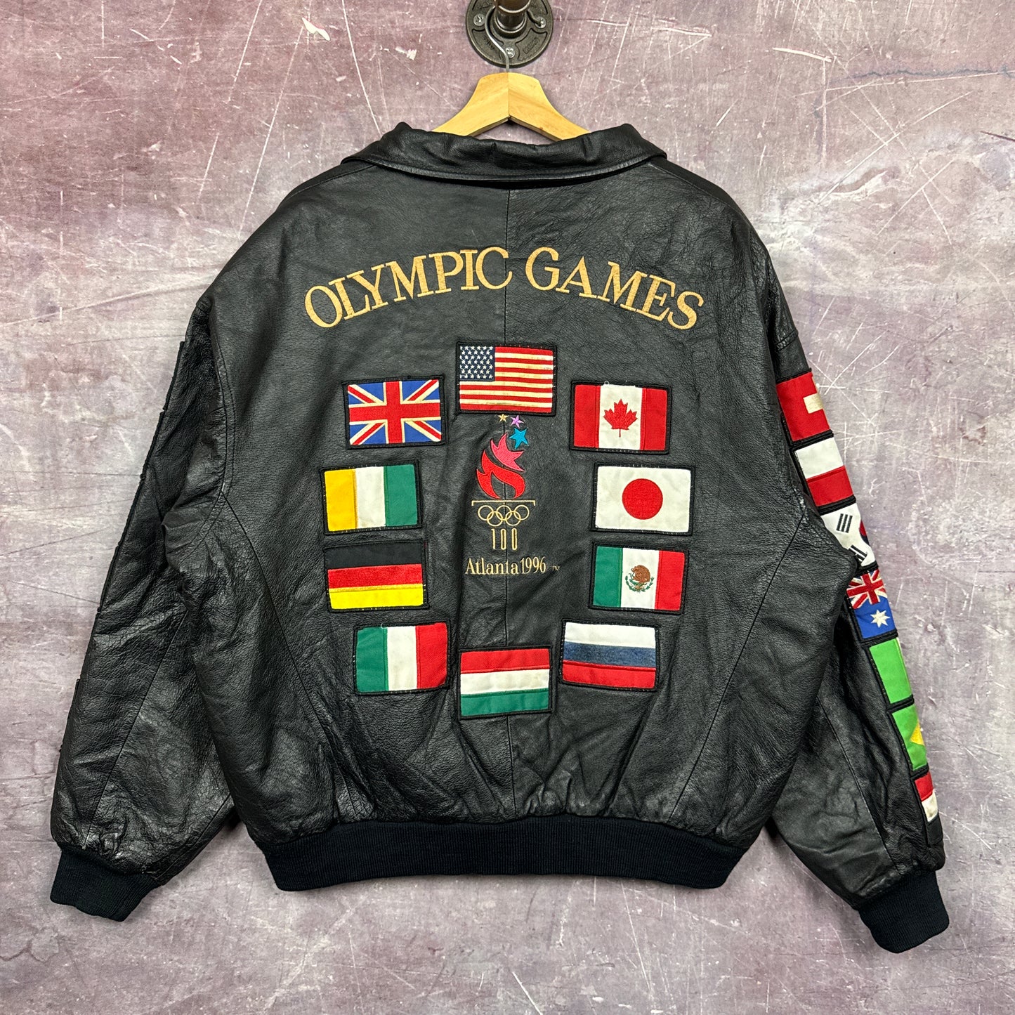 1996 Black Atlanta Olympics Flag Leather Jacket 3470