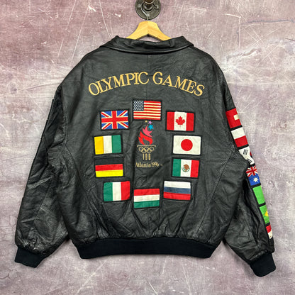 1996 Black Atlanta Olympics Flag Leather Jacket 3470